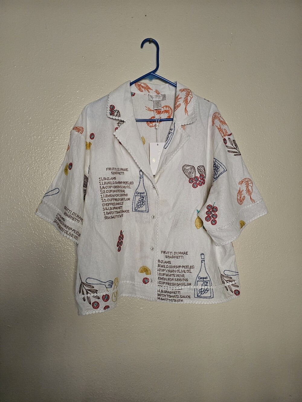 Caroline Constas Frutti Di Mare Spaghetti Embroidered Linen Shirt NWT Women's M